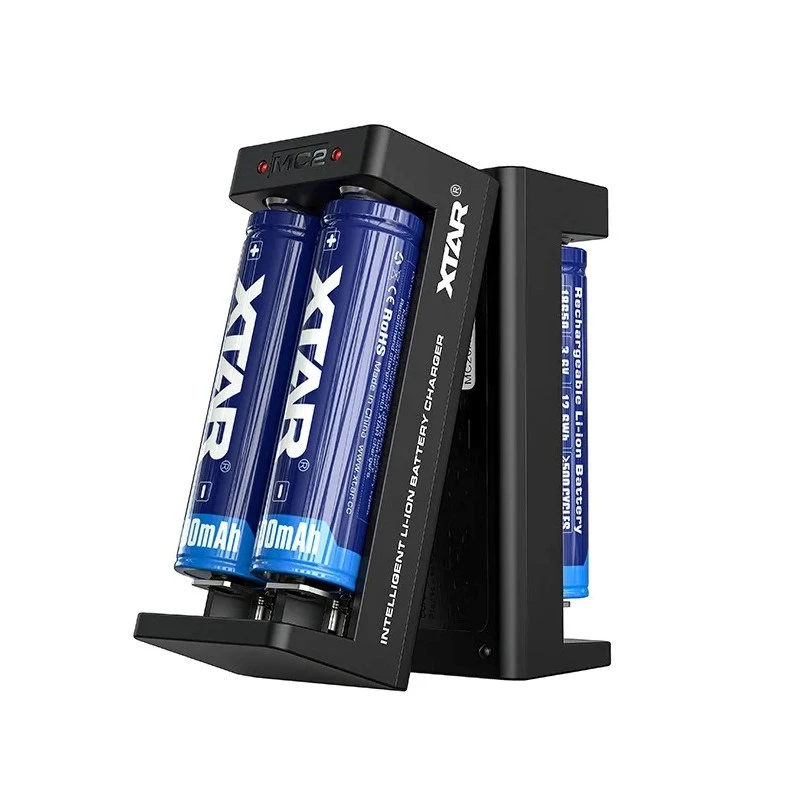 XTAR dviejų lizdų Li-Ion akumuliatorių įkroviklis 18650 elementams, USB-C įvestis, juodas, LED indikatoriai