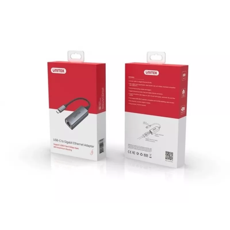 Tinklo adapteris Unitek U1312A, USB-C į RJ45, Gigabit Ethernet, IEEE 802.3, pilka, 0,5 m kabelis