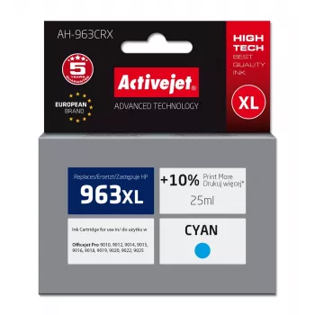 Activejet AH-963CRX rašalo kasetė (HP 963XL 3JA27AE pakaitalas; Premium; 1760 puslapių; 25 ml, žydra)