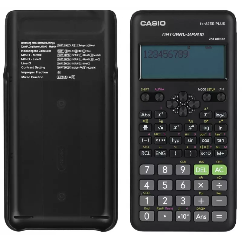 Mokslinis skaičiuotuvas CASIO FX-82ES PLUS-2 Pocket – 252 funkcijos, taškinės matricos 12 skaitmenų ekranas, maitinamas baterija (AAA), juodas