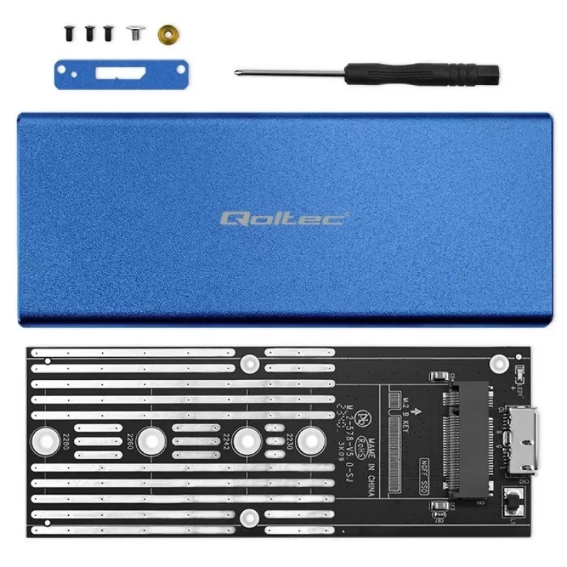 Qoltec 51832 išorinis M.2 SATA SSD disko dėklas, USB 3.0, iki 2 TB, mėlynas