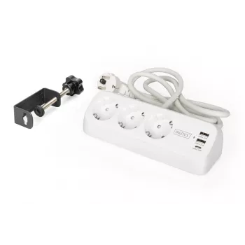 DIGITUS 3-jungčių elektros lizdų blokas su 2×USB-A ir 1×USB-C, 3 AC lizdai E/F tipas, 1,5 m laidas, baltas