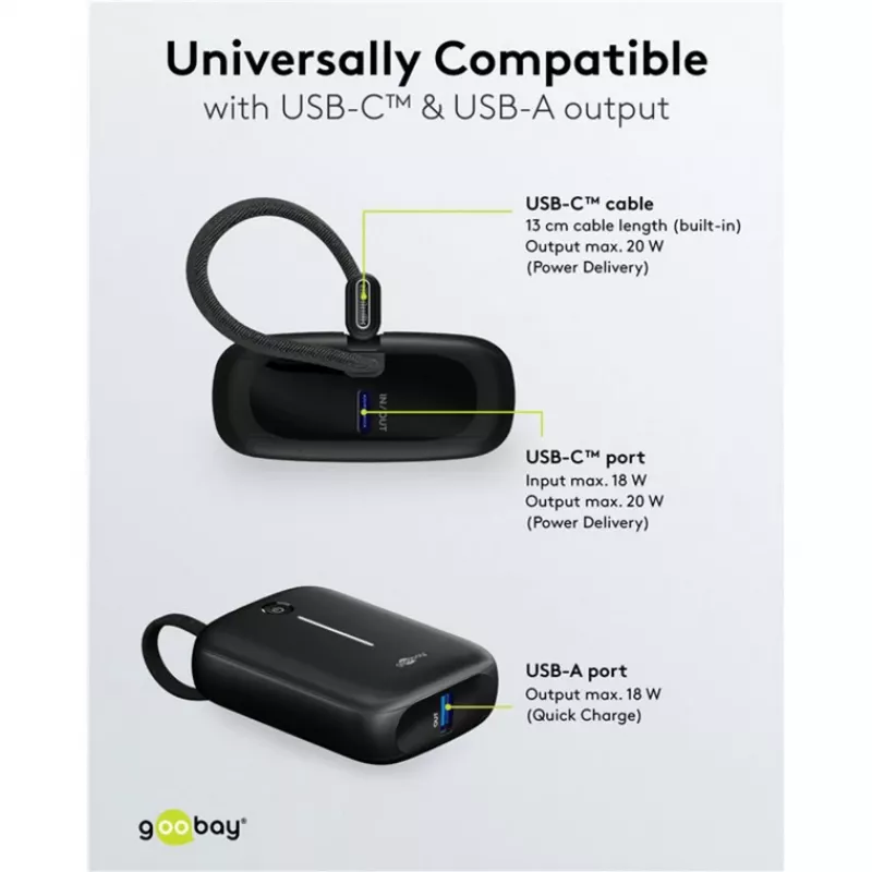 Nešiojamas Powerbankas Goobay 10 000 mAh su integruotu USB-C laidu - 20W kompaktiškas kelionei (76251)