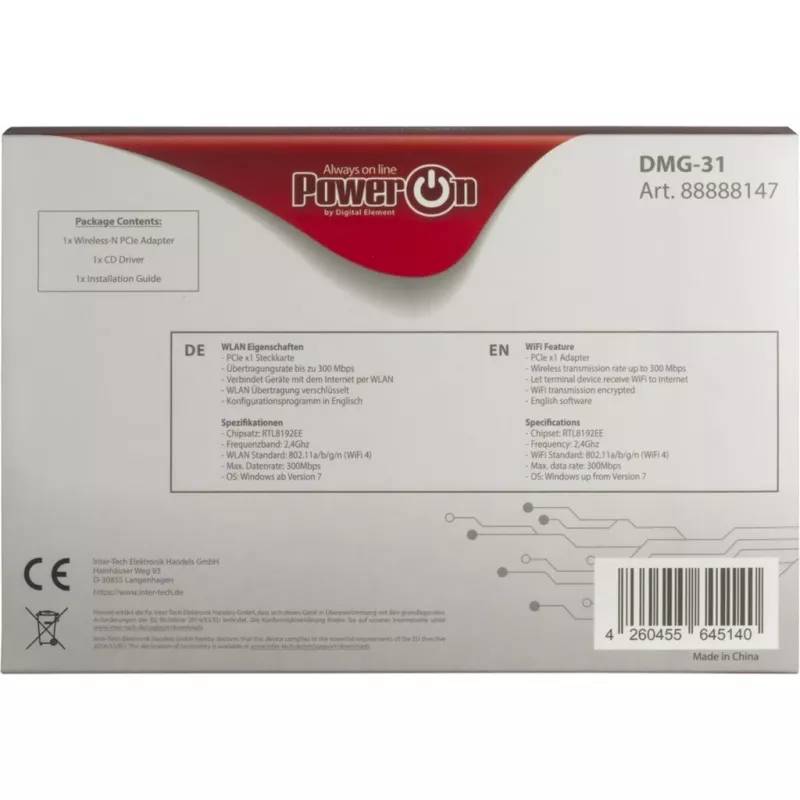 Inter-Tech DMG-31 – belaidis tinklo adapteris – PCI Express – Wi-Fi 4 (802.11n) – 300 Mbit/s