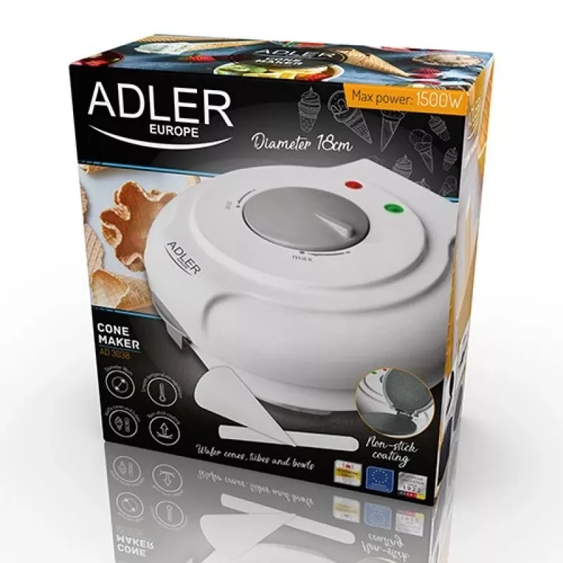 Vafelinė Adler AD 3038 – vienas apvalus vaflis, 1500 W, reguliuojamas termostatas, nelipnios plokštės, pilka/balta