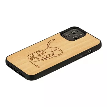 Apsauginis dėklas iPhone 12 Pro Max, medinis su katės ir raudonos žuvies raštu