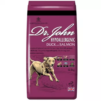 Sausas šunų ėdalas Dr. John Hypoallergenic Duck with Salmon — pilnavertis suaugusiems šunims, 12,5 kg, 24% baltymų, 10,5% riebalų