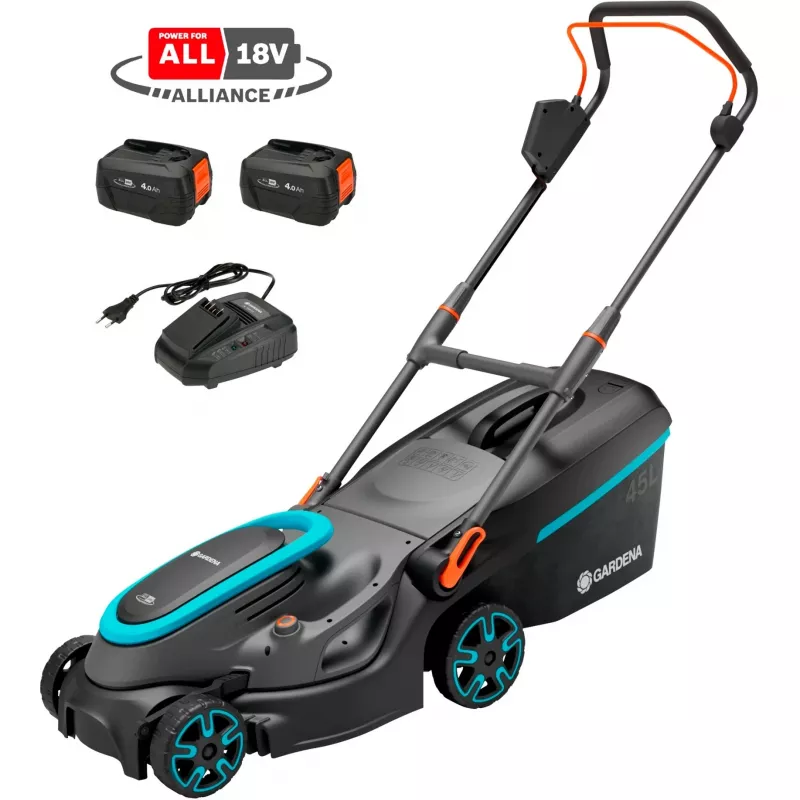 Akumuliatorinė vejapjovė PowerMax 37/36V P4A paruoštas naudoti rinkinys, 36V (2x18V), juoda/pilka, 2x ličio jonų akumuliatorius 4,0 Ah, POWER FOR ALL ALLIANCE