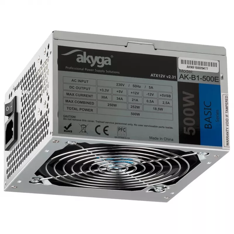 Akyga AK-B1-500E Basic 500 W ATX maitinimo blokas, pasyvusis PFC, 120 mm ventiliatorius, pilkas