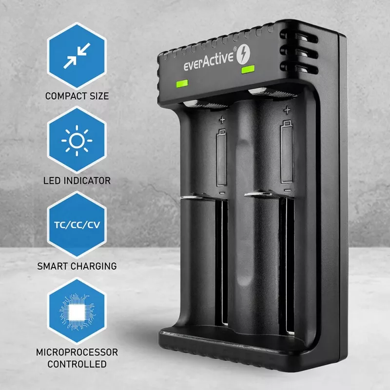Įkroviklis baterijoms everActive LC200, USB, 2 lizdai, Li-Ion, AA/AAA/AAAA/C/D, 5 V įėjimas, 4,2 V išėjimas, juodas