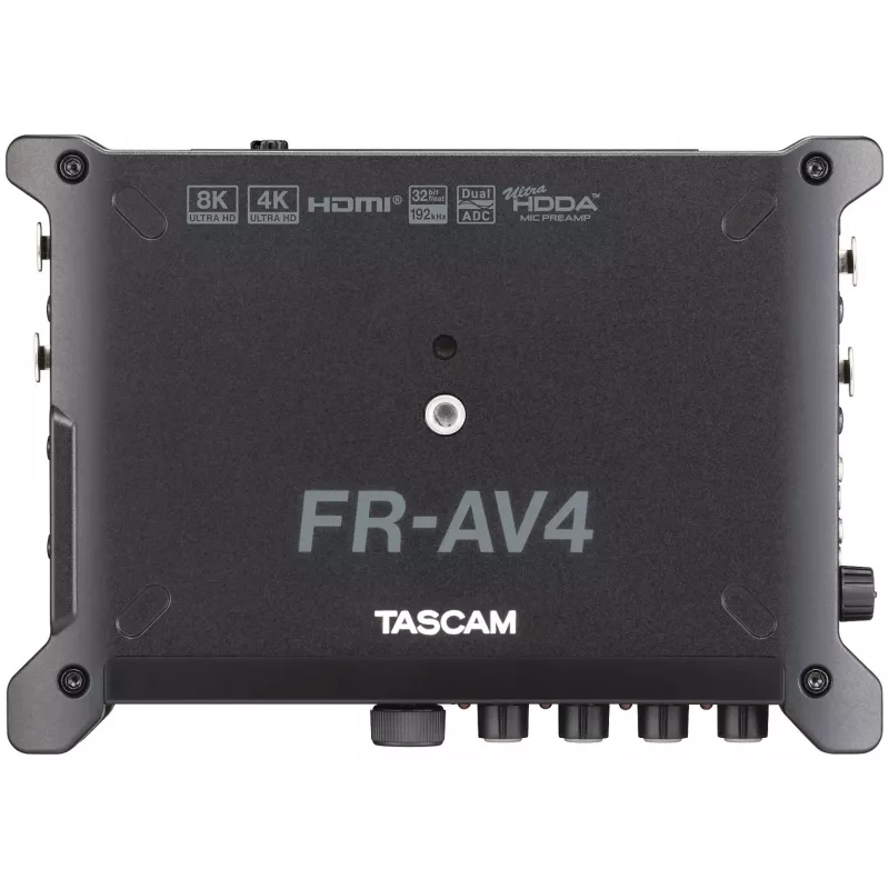Nešiojamas garso įrašymo įrenginys Tascam FR-AV4 — 6 kanalų, 4 XLR combo + 2x 3,5 mm, 24/32 bitų, 48/96/192 kHz, „MicroSD“ iki 512 GB, USB-C, PD