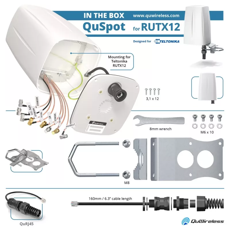 Kryptinė lauko antena QuWireless QuSpot AX12S PoE/LAN, daugiajuostė 0.694–6 GHz, max stiprinimas 3 dBi, balta
