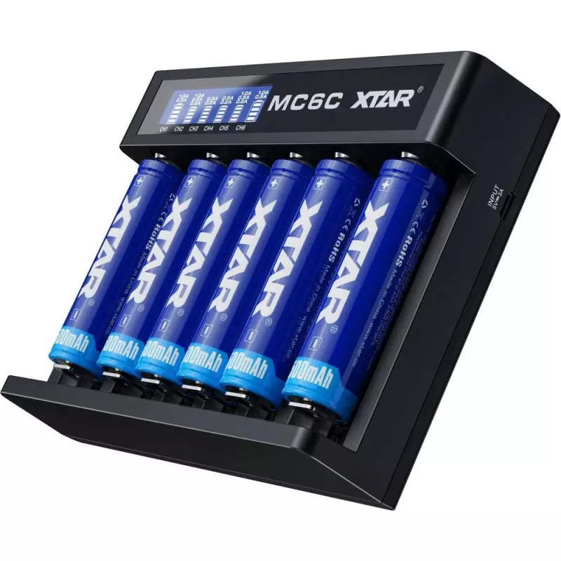 XTAR MC6C kroviklis šešių lizdų protingas cilindriniams Li‑jon akumuliatoriams, palaiko 18650/21700/AA, 5 V įėjimas, juodas