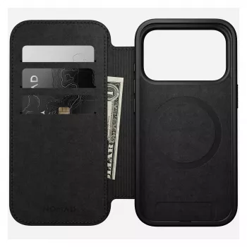 Odinė dėklo-knygelė Nomad Modern Leather Folio, skirta iPhone 17 Pro, ruda, 6,3 colio (16 cm), 4 kortelių kišenės