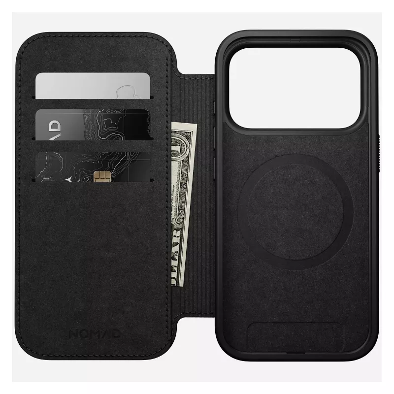 Odinė dėklo-knygelė Nomad Modern Leather Folio, skirta iPhone 17 Pro, ruda, 6,3 colio (16 cm), 4 kortelių kišenės