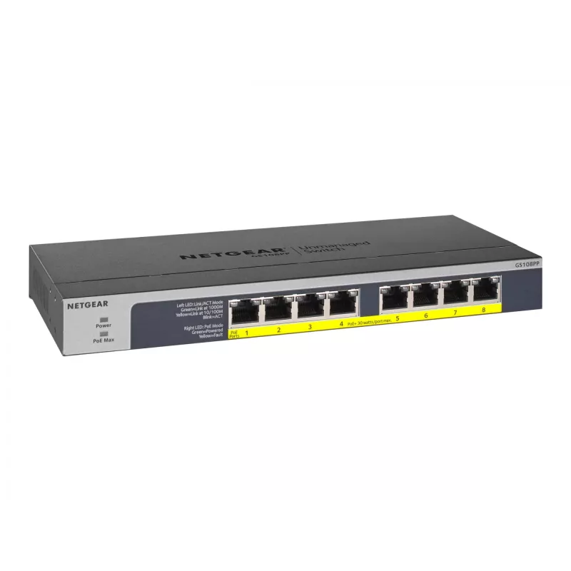 NETGEAR GS108PP nevaldomas gigabitinis Ethernet (10/100/1000) jungiklis su PoE, juodas