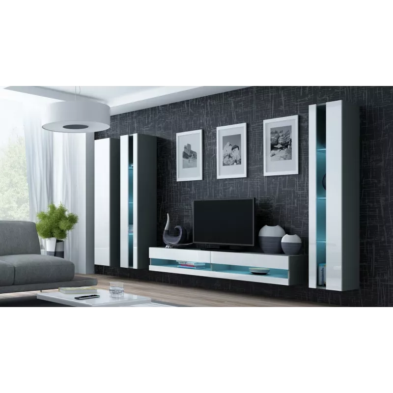 TV stovas Cama Meble VIGO NEW 30/140/40 — 1400×400×300 mm, pilkas viršus, pilkas rėmas, balti blizgūs fasadai
