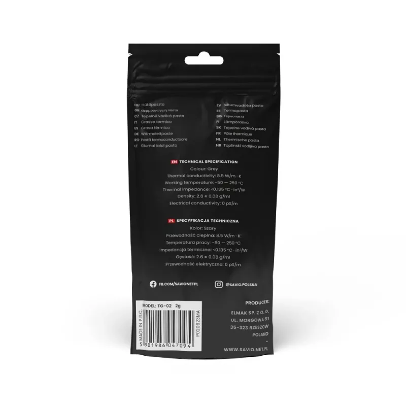 Termopasta SAVIO TG-03 13,5 W/m·K, 2 g – šilumai laidus junginys