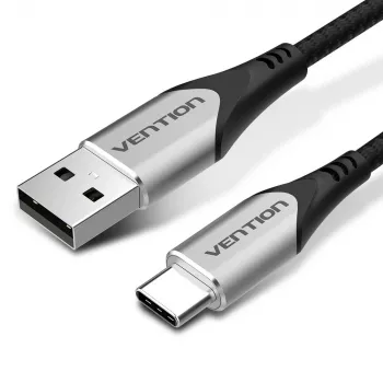 Vention USB 2.0 A (vyriškas) į C (vyriškas) medvilninis pintas laidas, 3A, 2 m, pilkas, aliuminio lydinio jungtys