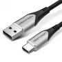 Vention USB 2.0 A (vyriškas) į C (vyriškas) medvilninis pintas laidas, 3A, 2 m, pilkas, aliuminio lydinio jungtys