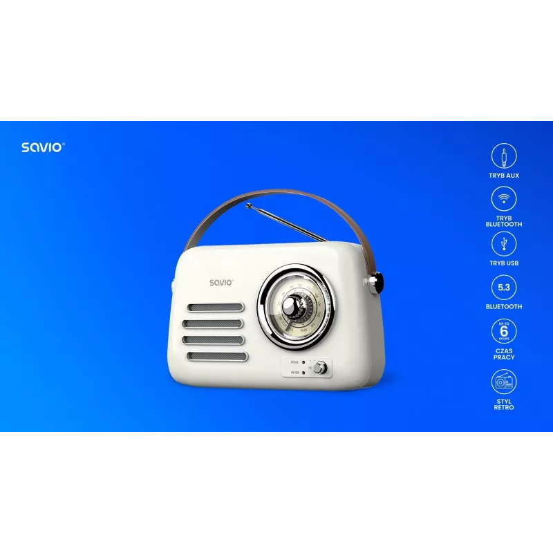 Nešiojamas radijas SAVIO RS-02 — analoginis FM imtuvas, Bluetooth 5.3, USB maitinimas, 3 W, baltas