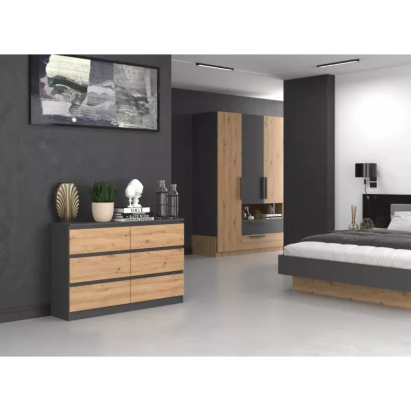 Komoda Top e shop M6 120 — Antracitas/Ąžuolas, 6 stalčių, 1200×300×770 mm, medžio drožlių plokštė