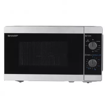 Kombinuota mikrobangų krosnelė Sharp YC-MG01E-S — 20 l, 800 W mikrobangos, 1000 W grilis, 5 galios lygiai, sukamasis valdiklis, 25,5 cm padėklas