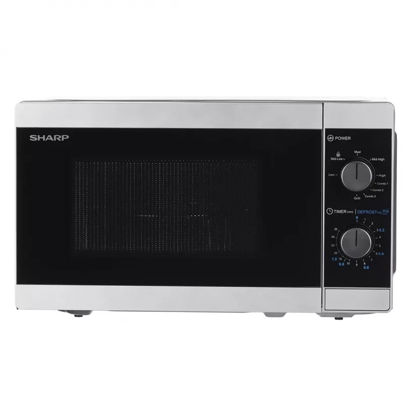 Kombinuota mikrobangų krosnelė Sharp YC-MG01E-S — 20 l, 800 W mikrobangos, 1000 W grilis, 5 galios lygiai, sukamasis valdiklis, 25,5 cm padėklas