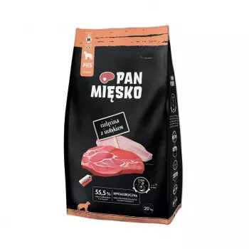 Sausas šunų maistas Pan Miesko M 20 kg – Veršiena su Kalakutiena, suaugusiems šunims, 30% baltymų, 20% riebalų