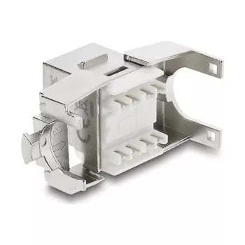 Keystone modulis DELOCK RJ45 į LSA Cat.6A ekranuotas, beįrankis, plokščias, sidabrinis/baltas, su dulkių dangteliu