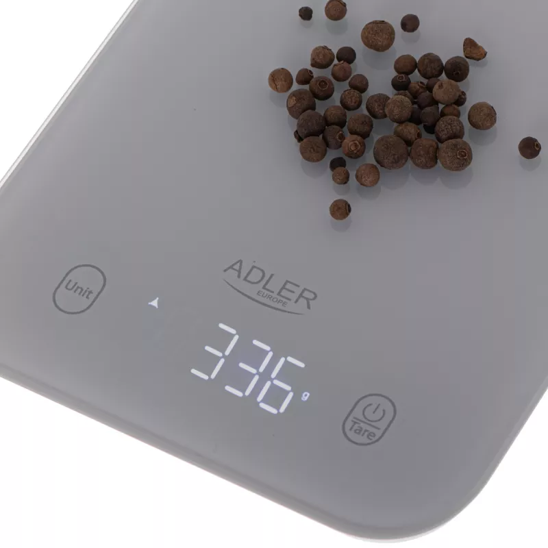 Virtuvinės svarstyklės Adler AD 3181, grūdintas stiklas, 10 kg talpa, 1 g tikslumas, LED ekranas, pilka