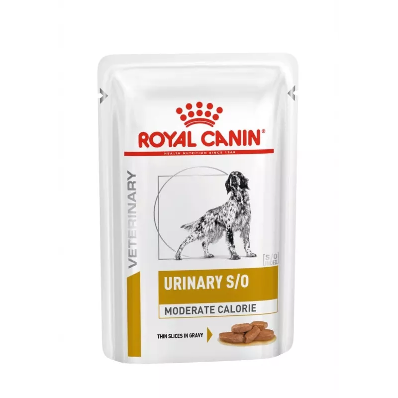 Šlapias šunų ėdalas Royal Canin Urinary S/O Moderate Calorie pakeliai 12 x 100 g, suaugusiems, 80% drėgmės, 8% baltymų