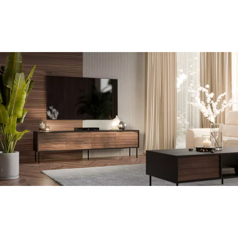 TV spintelė Cama Meble CORTINA 4D 200x40x55 cm, juodas viršus, riešutmedžio fasadai