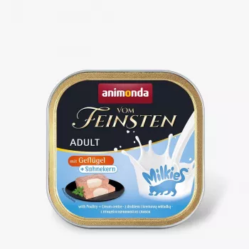 Šlapias kačių ėdalas animonda Vom Feinsten Adult Milkies Paukštiena su kreminiu įdaru 100 g padėklelis, baltymai 9%, riebalai 5,1%, drėgmė 81%