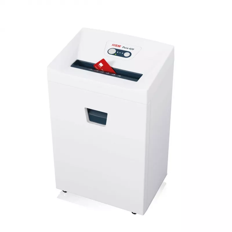 Smulkintuvas HSM Pure 420 — dalelių pjovimas P-4, 24 cm darbinis plotis, 15 lapų talpa, 35 L krepšelis, balta