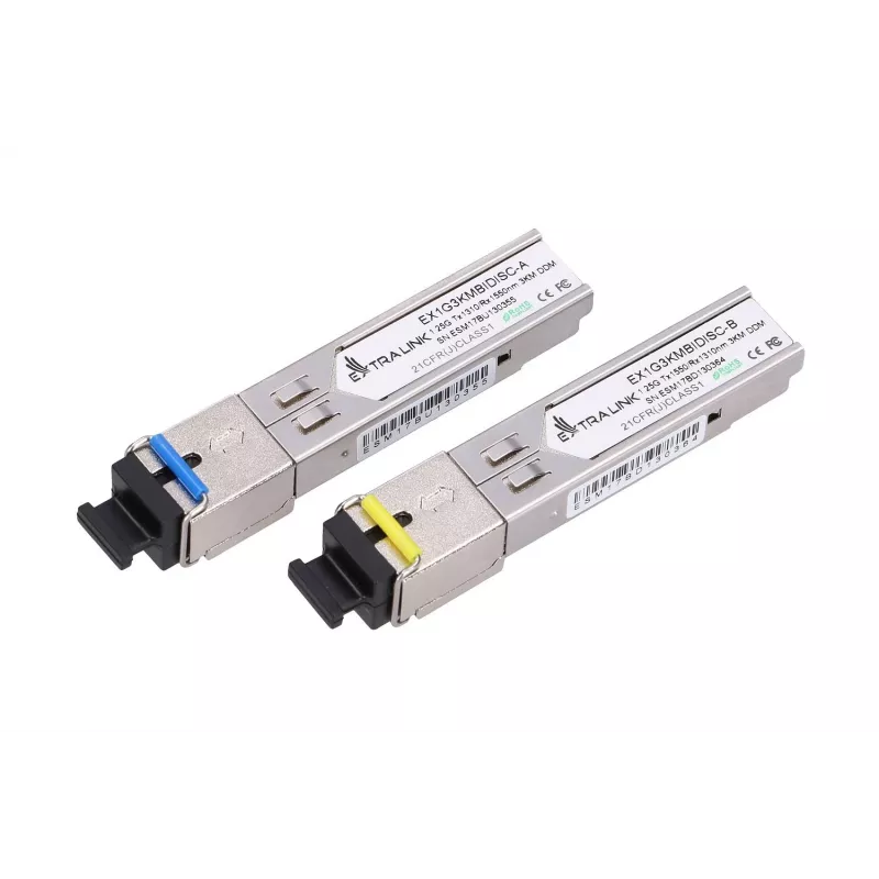 SFP WDM šviesolaidinis siųstuvų-imtuvų rinkinys Extralink 1.25G 1310/1550nm vienmodis 3km SC DOM