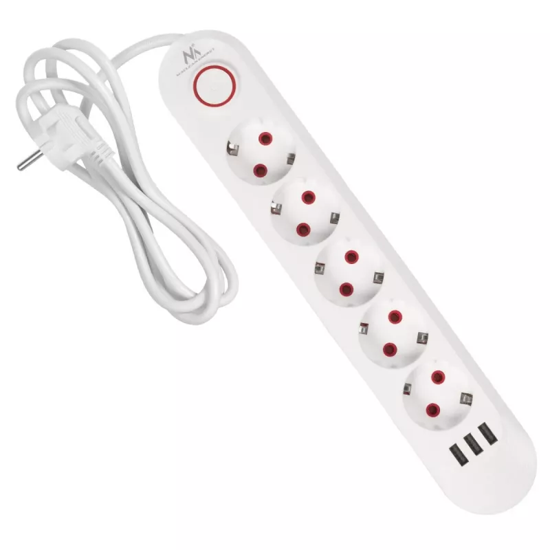 Maitinimo blokas MACLEAN MCE395 W – 5 kištukinių lizdų, 3× USB A, 110–240 V AC, 2,1 A USB, max 2500 W, baltas, 1,5 m laidas