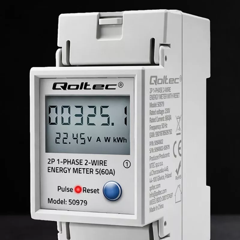 Energijos skaitiklis QOLTEC Vienfazis DIN-bėgis 230V (MPN 50979)
