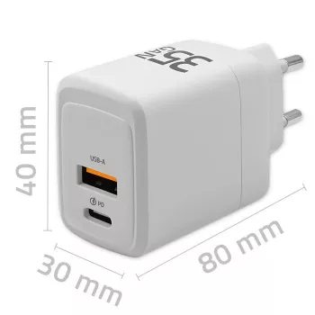 Įkroviklis QOLTEC 51824 GaN 35W USB-C PD ir USB QC 3.0, 5–20V, 1x USB-C, 1x USB-A