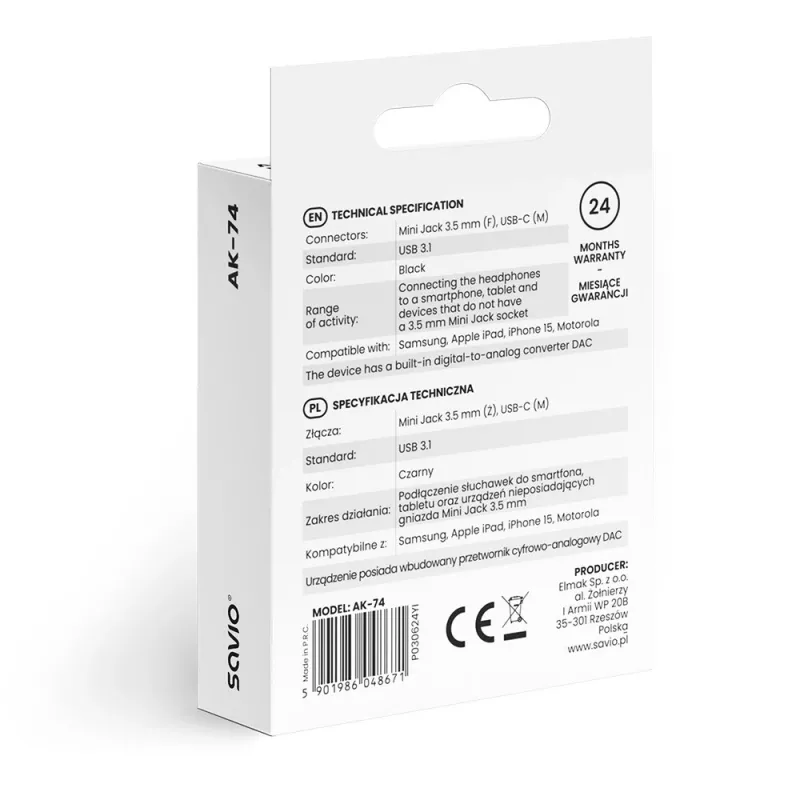 Adapteris audio USB-C į Jack 3,5 mm SAVIO AK-74