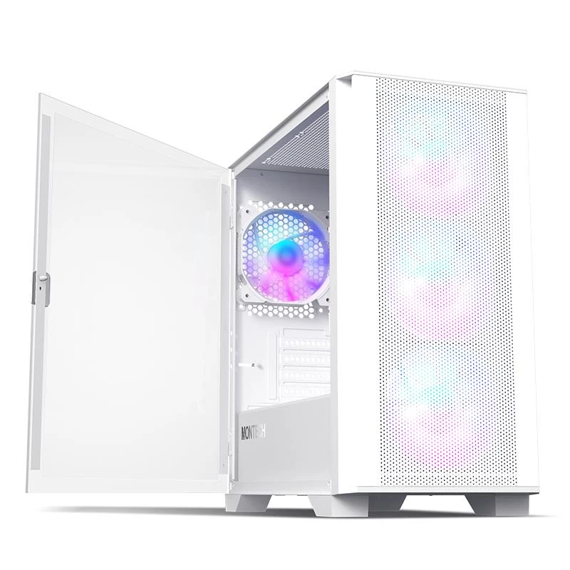 Montech AIR 100 ARGB Micro-ATX korpusas su keturiai ARGB ventiliatoriais, itin minimalistinis dizainas, smulkus tinklelio priekis, didelis oro srautas, unikalus šoninis skydelis