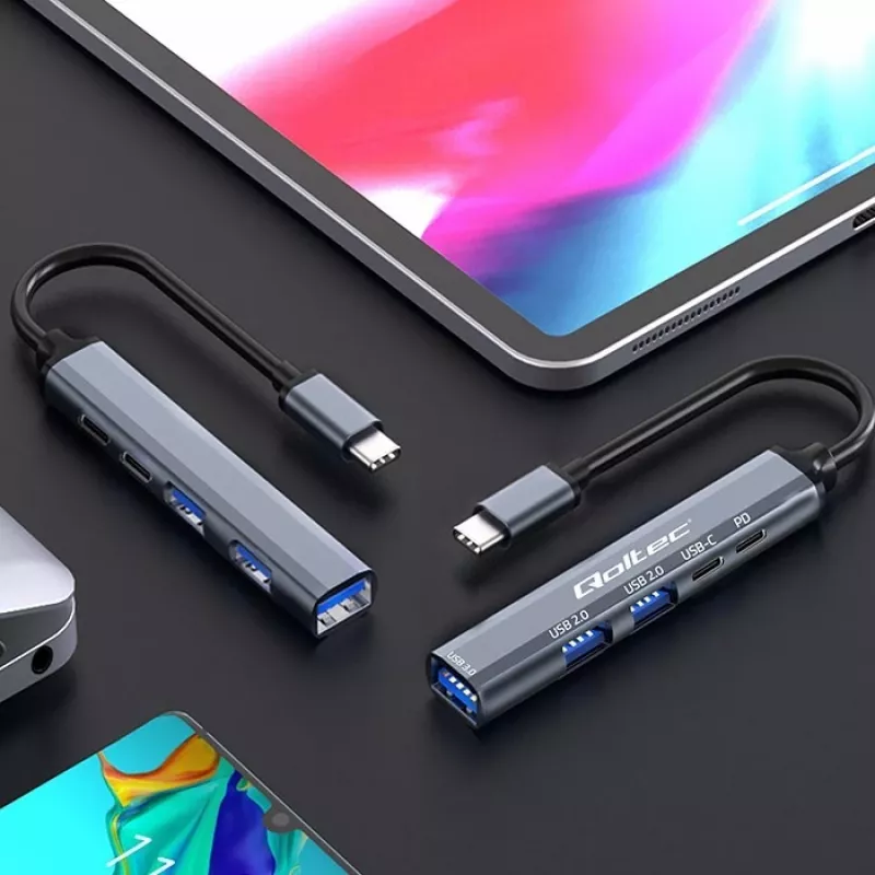 Qoltec 53790 USB-C 3.1 5in1 adapterio šakotuvas | USB-C PD | USB-C | 2x USB 2.0 | USB 3.0