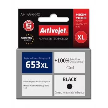 Suderinama kasetė ActiveJet AH-653BRX, skirta HP 653XL, juoda, 20 ml, didelės talpos (XL), 720 puslapių