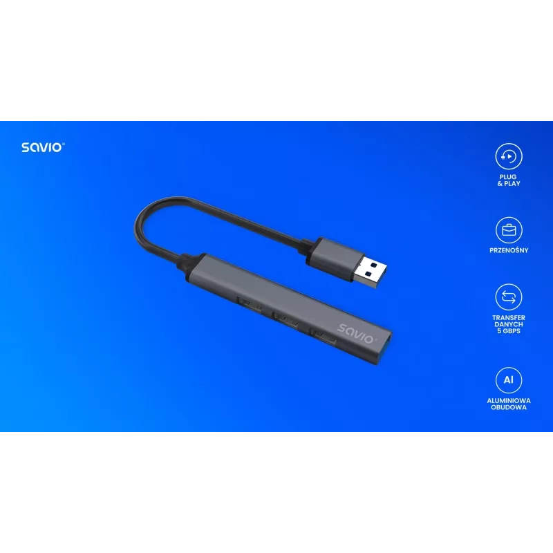 USB šakotuvas SAVIO AK-70, 7 prievadų USB 3.0, 4 naudojami prievadai, USB Type-A šeimininko jungtis, 5 Gbit/s perdavimo greitis, garantija 2 metai
