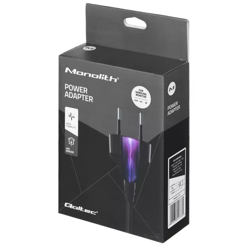 Qoltec 51773 kintamosios srovės maitinimo adapteris Samsung monitoriams, 42 W, 14 V 3 A, 6,5x4,4 mm kištukas, įėjimas 220–240 V 50/60 Hz