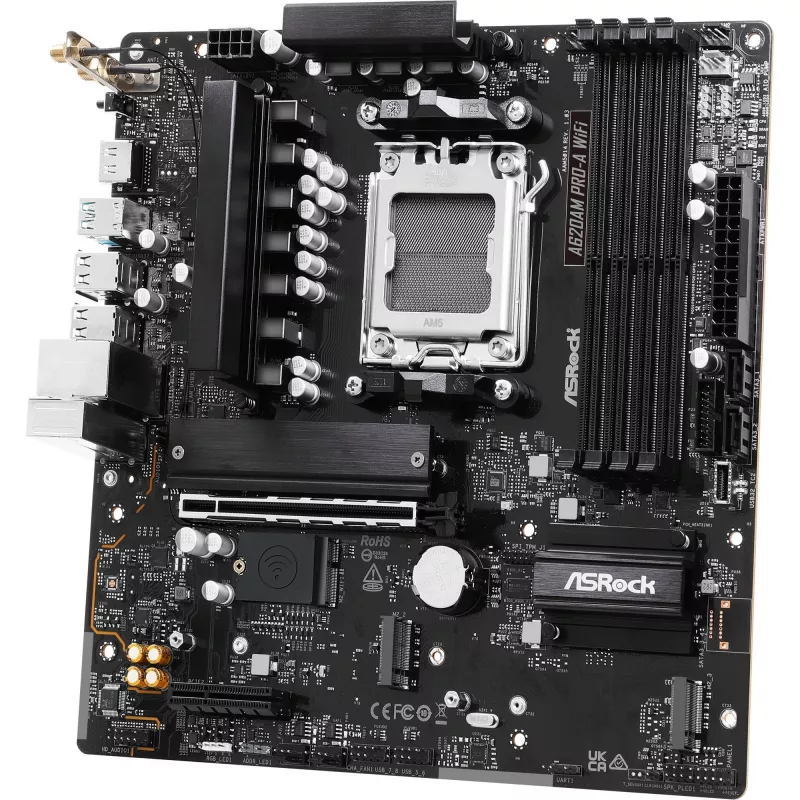 Motininė plokštė ASRock A620AM Pro-A WiFi AM5 mATX — AMD A620, lizdas AM5, DDR5 iki 256 GB, Wi‑Fi 6E, 2.5Gb LAN, HDMI 2.1
