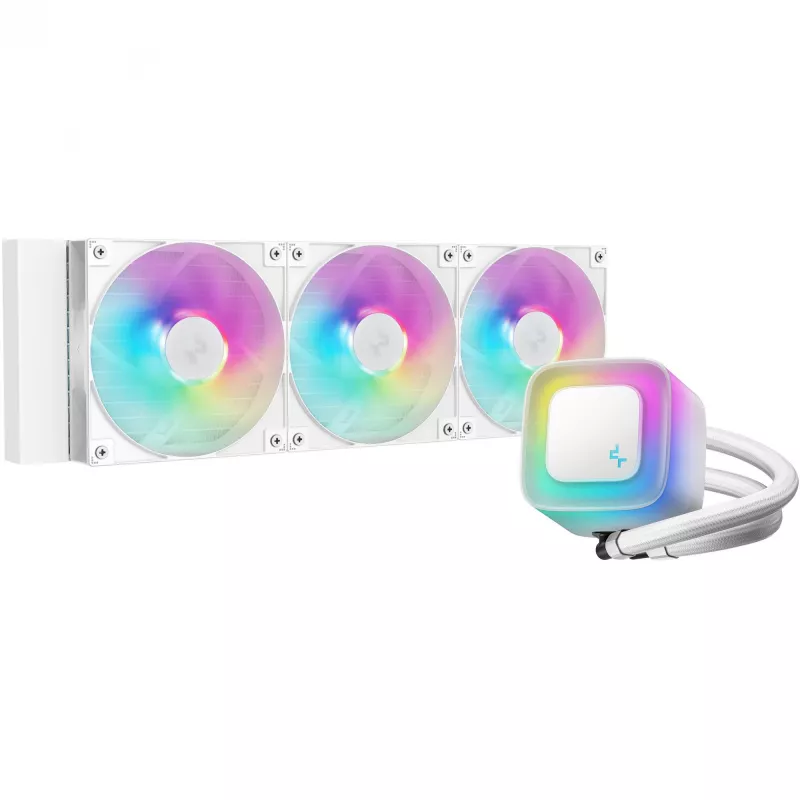 Vandens aušintuvas „all-in-one“ DeepCool LE360 WH V2 12 cm Baltas — 360 mm radiatorius, 3x120 mm ventiliatoriai, LGA 1851 palaikymas