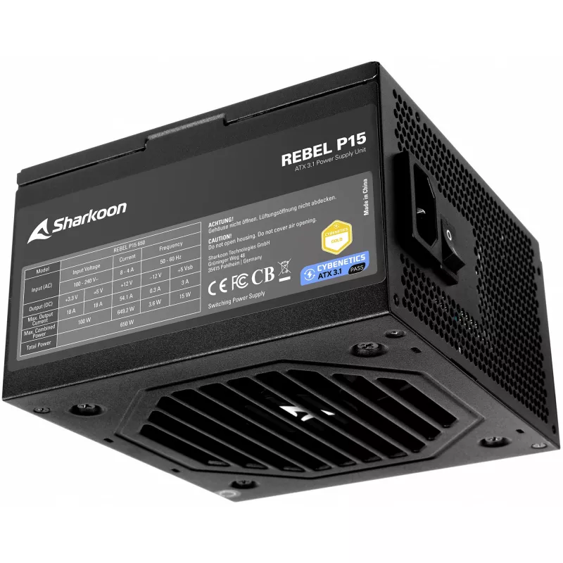 Maitinimo blokas Sharkoon Rebel P15 650 – 650 W, 1x 12 kontaktų High Power GPU jungtis, 2x PCIe, moduliniai kabeliai