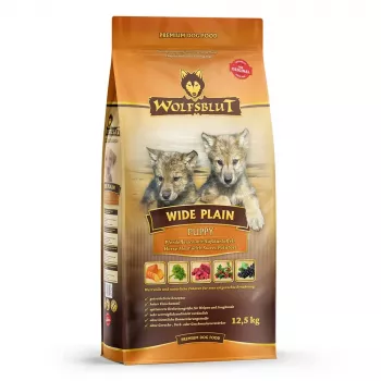 Sausas šunų ėdalas šuniukams Wolfsblut Wide Plain Puppy – arklių mėsa su saldžiosiomis bulvėmis, pilnavertis pašaras, 12,5 kg, baltymai 31%, riebalai 16%
