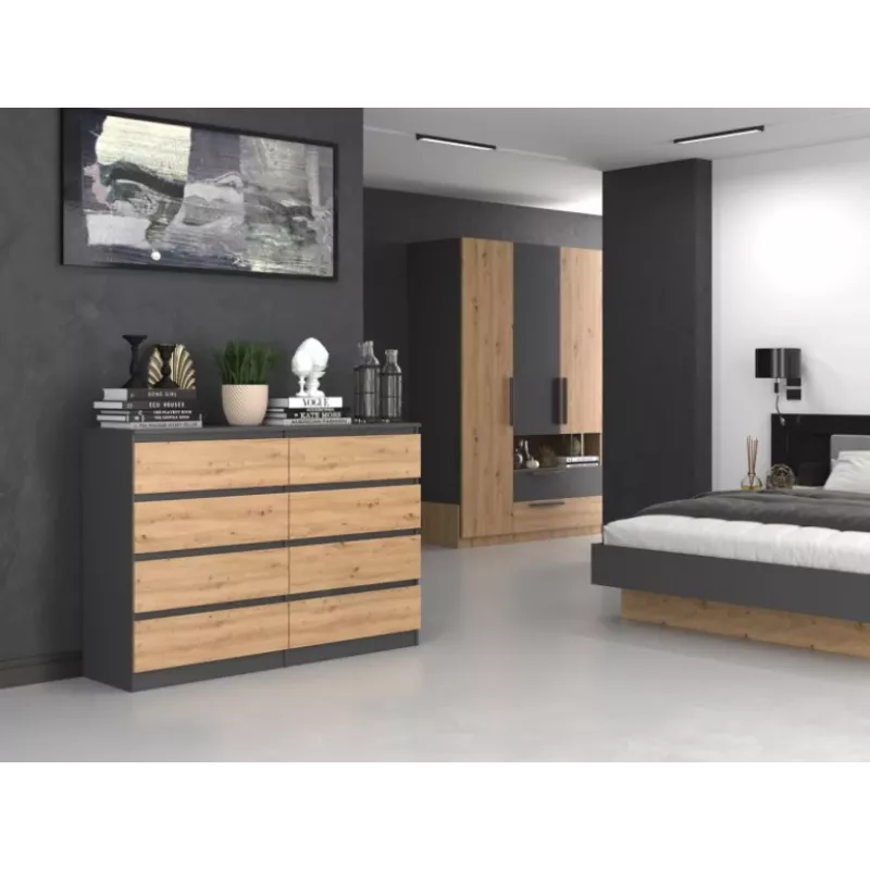 Komoda Top e shop M8 140 ANT/ART — 8 stalčių, Antracitas/Ąžuolas, 1380×400×970 mm, Medienos drožlių plokštė